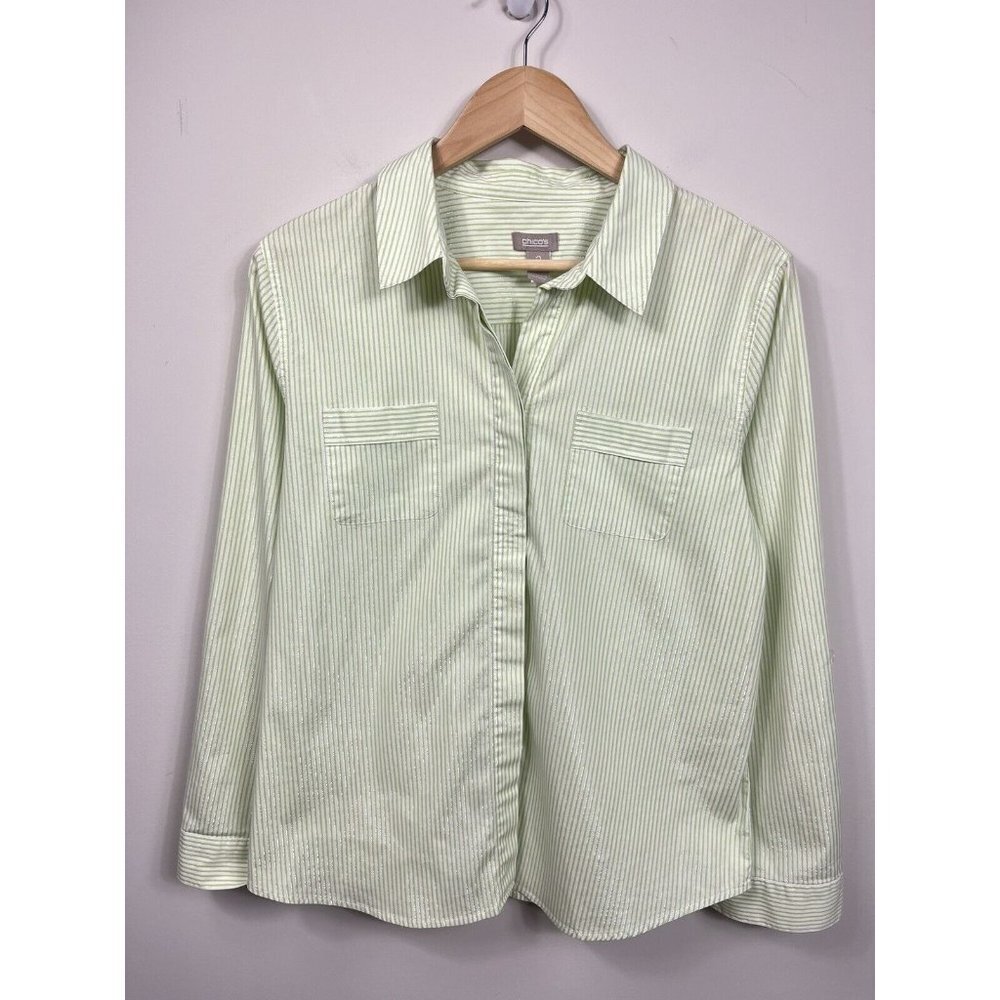 Chicos Shirt Womens Size 2 Green Button Down 3/4 Sleeve Silver Stripe  XL